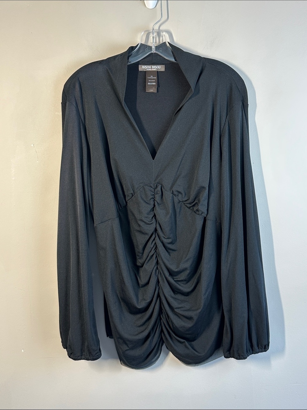 Bisou Bisou Michele Bohbot Ruched Black Long Sleeve Blouse Size 2X